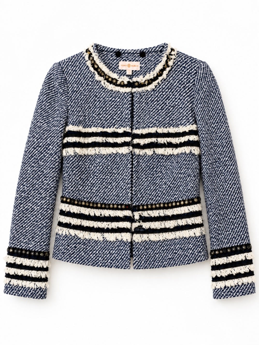Tory Burch Abbott Jacket Size 2 Ivory Blue Tweed Fringe Embellished Blazer